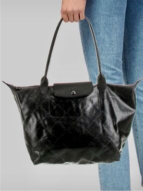 LONGCHAMP Limited Edition LM Metal Le Pliage Small Black Tote Bag Leather RARE